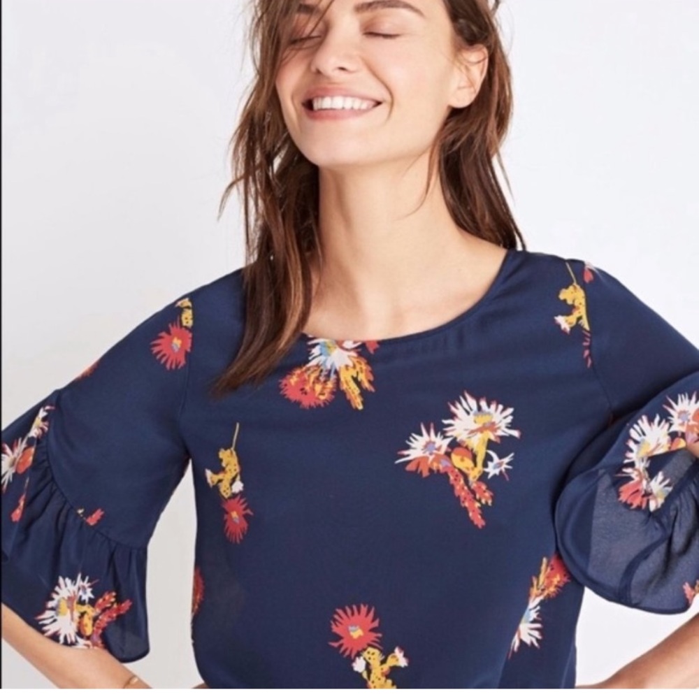 Madewell Blue Silk Cactus Flower Ruffle Top Sz S
